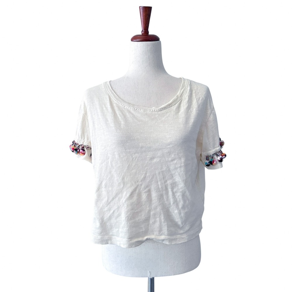 Lilka‎ Anthropologie Top XS Extra Small Cream Pom Pom Sleeves Boho Colorful
